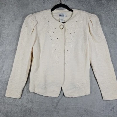 Hermosa Blazer Leslie Fay Para Mujer Crema Estrás Brillante Mini Volantes Talla 10P Foto 1 de 4