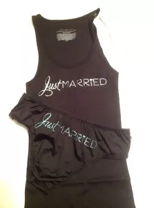 Camiseta sin mangas negra Victorias Secret novia con pantillas ""Acabo de casarse"" Bling Set pequeño - Imagen 1 de 8