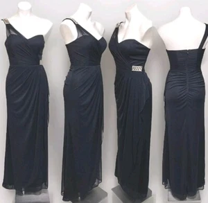 Xscape Navy Blue Chiffon One Shoulder Rhinestone Accent Formal Evening Long Gown - Picture 1 of 16
