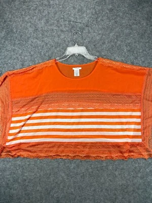 Camisa Esley Mujer Mediana Naranja Rayas Encaje Transparente Top Blusa Manga Kimono Foto 1 de 4