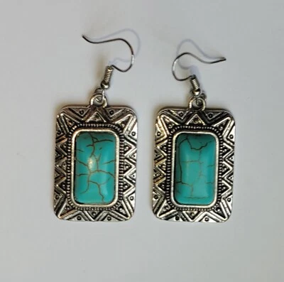 Southwestern Style Turquoise Blue Howlite Stones Silver Tone Hook Earrings - Image 1 of 4