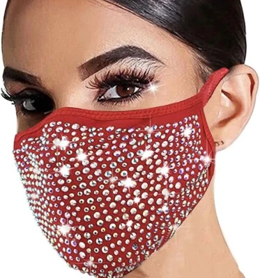 Rhinestone bedazzled bling face mask RED Diamond Sparkle with filter Adjustable - Image 1 of 4
