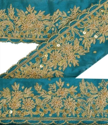 Borde de sari vintage sánscrito con cuentas artesanales indias adornos encaje 1 yarda verde Foto 1 de 4