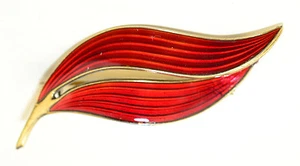 AKSEL HOLMSEN NORWAY STERLING SILVER GOLD VERMEIL RED GUILLOCHE ENAMEL LEAF PIN - Picture 1 of 5