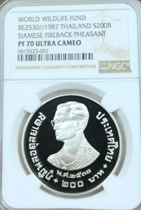 1987 THAILAND SILVER 200 BAHT SIAMESE FIREBACK PHEASANT NGC PF 70 ULTRA CAMEO - Picture 1 of 4