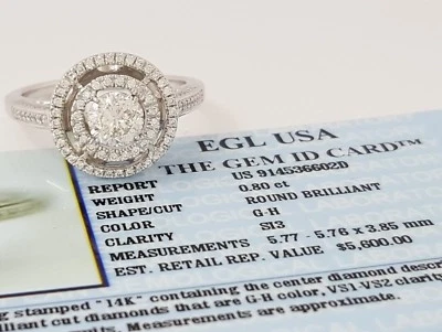 Anillo de compromiso redondo con halo de diamantes de oro blanco de 14 quilates de 1,40 quilates EGL-USA Rtl $5.600 Foto 1 de 4