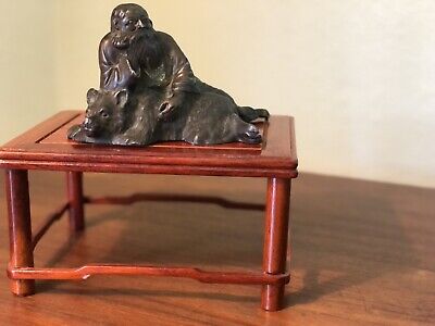 Antique Japanese Meiji Bronze Statue/ Okimono Immortal With A Bear, Wooden Stand • 95.99$
