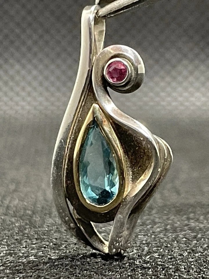 OOAK Hand Made Sterling And 18k Gold Tourmaline And Sapphire Pendant - Image 1 of 4