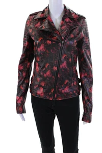 Bagatelle Womens Faux Leather Floral Print Motorcycle Jacket Pink Black Size 4 - Picture 1 of 7