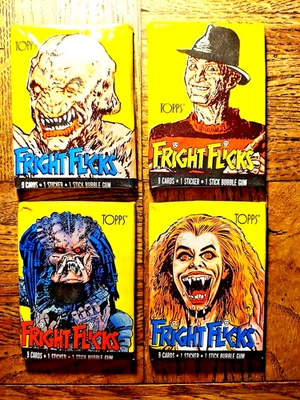 FRIGHT FLICKS TRADING CARDS "4 PACKS" WITH 4 DIFFERENT COVERS VINTAGE TOPPS 1988 - Image 1 of 4
