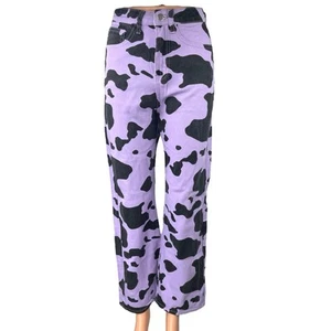 Women's Purple Black Animal Cow Print Loose Fit Straight Denim Jeans Size XS/2 - Picture 1 of 4
