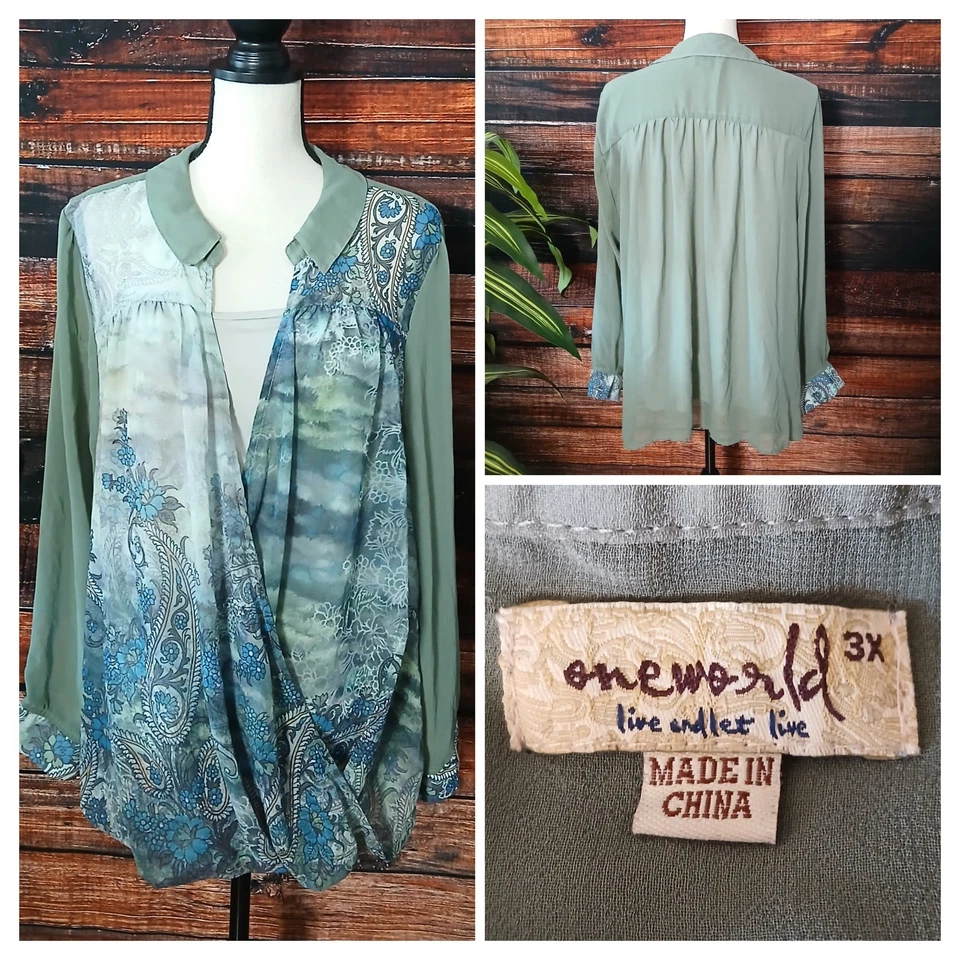 Blusa One World Talla Grande 3X Boho Transparente Manga Larga Envolvente Top Incorporado Tanque Genial Foto 1 de 4