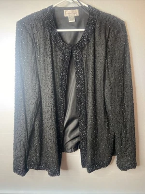 Chaqueta de noche Laurence Kazar de colección negra con cuentas lentejuelas 100 % seda XXL, forrada Foto 1 de 4