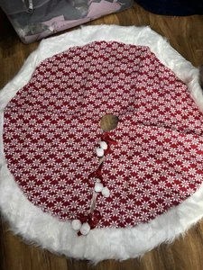 Christmas Tree Skirt Red White XL 48” Round Pom Pom Faux Fur Decoration Icicle - Picture 1 of 4