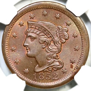 1852 N-15 R-3 NGC MS 66 RB Braided Hair Large Cent Coin 1c - Picture 1 of 3