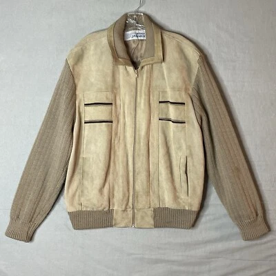 Wind Jammer Mens Sweater Jacket Size 2XL Cowhide Jacket Leather Beige Knit Zip - Image 1 of 4