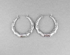 Silver hoops earrings big bamboo earrings wide door knocker hoop hollow metal - Picture 1 of 5