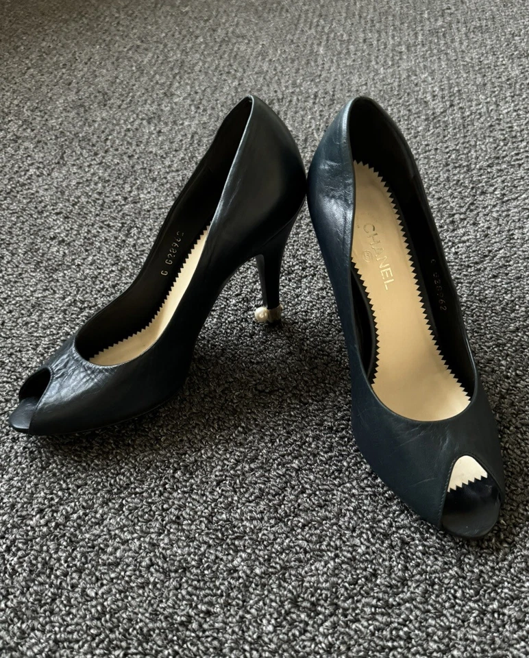 Chanel Peep Toe CC Pearl & Gold Embellishment Leather Pumps Heel - Image 1 of 4