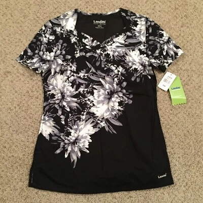 Blusa Médica Landau para Mujer XS Negra Floral Manga Corta Mezcla de Algodón Nueva Foto 1 de 4