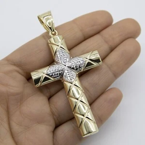 3 1/4" Huge Diamond-Cut Cross Pendant Real 10K Yellow White Gold - Picture 1 of 6