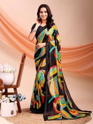 Black Chiffon Printed Saree Party Wear Indian Pakistani Designer Sari - Image 1 of 4
