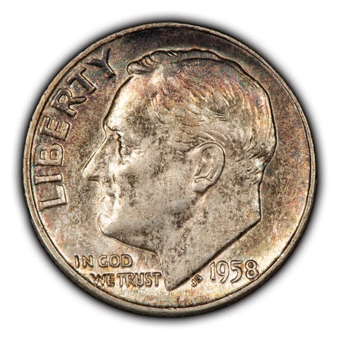 1958 10c Roosevelt Silver Dime - Luster - Speckled Rainbow Toning - SKU-Y5351 Cover