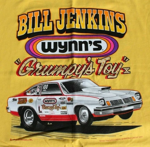 BILL "GRUMPY" JENKINS '73 Vega Pro Stock GRUMPY'S TOY T-shirt Small Yellow NHRA Cover