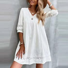 Womens Lace V-Neck Cotton Linen Sundress Ladies Beach Holiday Casual Mini Dress