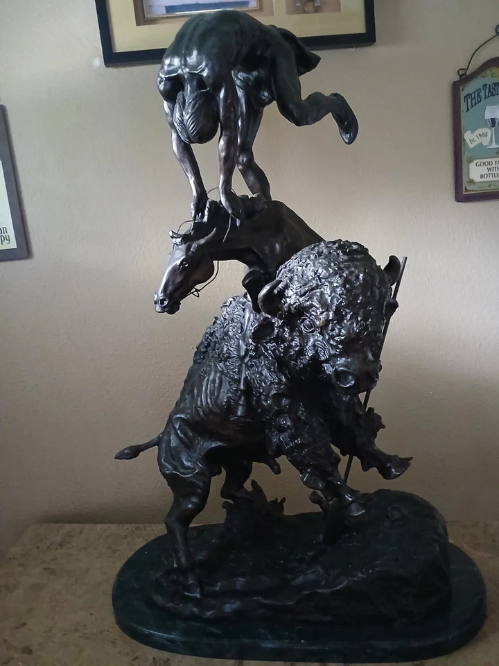 Frederic Remington BUFFALO HORSE Bronze Sculpture 27 Inch SOLID Bronze 95lb - Image 1 of 1
