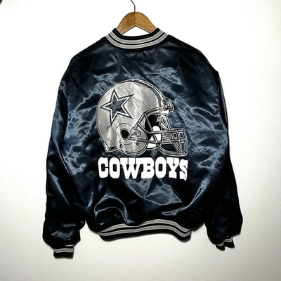 Dallas Cowboys Vintage Línea Tiza NFL Botón a Presión Satinado Chaqueta Casco Deletrecho Foto 1 de 4
