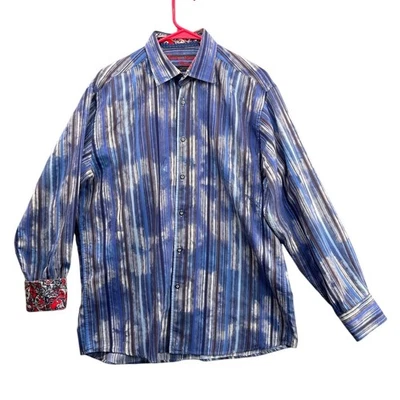 Camisa de vestir Luchiano Visconti negra azul a rayas roja floral con botones para hombre L Foto 1 de 4