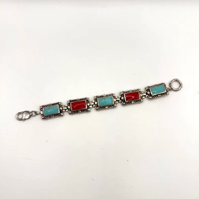 Pulsera de Colección Plata de Ley Turquesa Coral Eslabones 7.5" 925 Tailandés Suroeste Foto 1 de 4