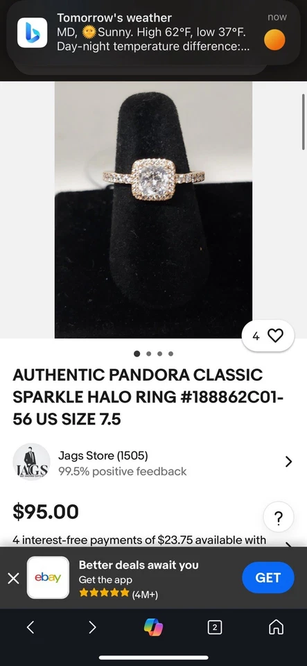 AUTÉNTICO ANILLO PANDORA CLÁSICO BRILLO HALO #188862C01-56 EE. UU. TALLA 7,5 Foto 1 de 4