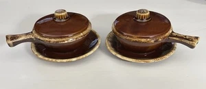 Hull Oven Proof (2) Brown Drip Soup Bowls w/Handles, Lids + Sandwich Plates VTG - Picture 1 of 12