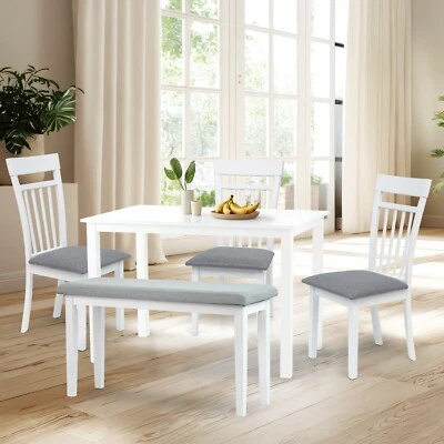 5 Pcs Dining Kitchen Set Rectangular Table 3 Warm Chairs and Bench, White Color - Image 1 of 4