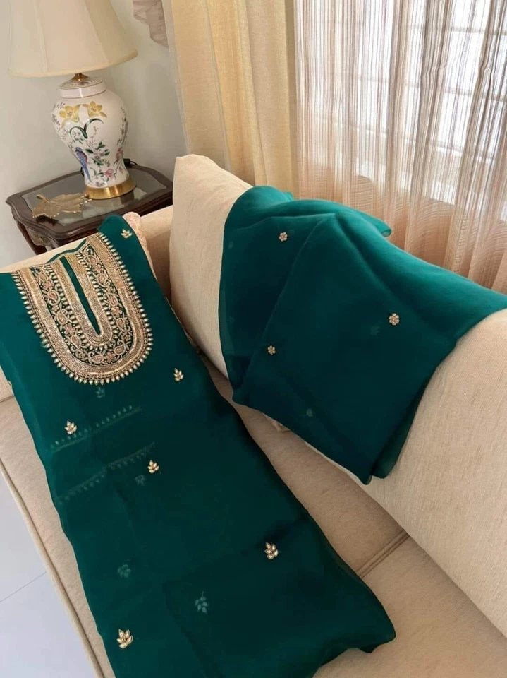 Suite de tres piezas con pantalón de satén Sopura Muselina Salwar Kamiz Original  Foto 1 de 2