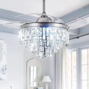 42" Crystal Ceiling Fan Light Remote 3-Color Silver Chandeliers Fans 3-Speeds - Picture 1 of 12