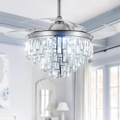 42" Crystal Ceiling Fan Light Remote 3-Color Silver Chandeliers Fans 3-Speeds - Image 1 of 4