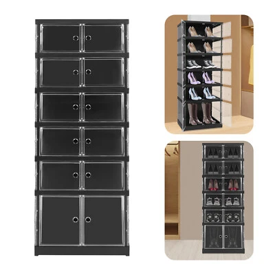 6 Tiers Shoe Storage Box Black Stackable Shoe Container Sneaker Organizer - Image 1 of 4