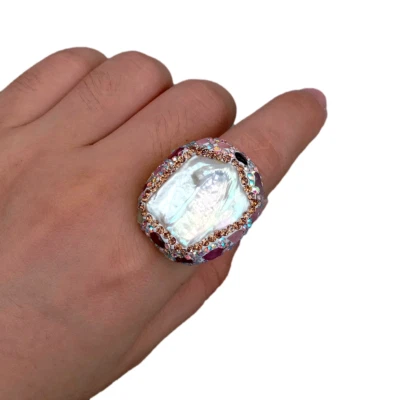 Freshwater White Keshi Pearl Tourmaline Ring Adjustable Women Wedding Gift - Image 1 of 4