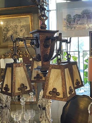 Antique Circa 1910 Arts & Crafts Hand Hammered Slag Glass 4 Light Chandelier Cover