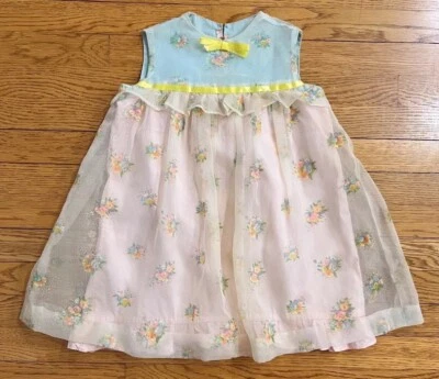 Vintage Girl Dress 1950s Sz S Handmade Blue Pink Floral Sheer Overlay Sleeveless - Image 1 of 4