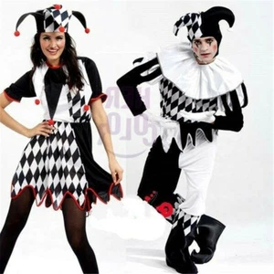 Harlekin-Spaßvogel-Clown-Zirkus-Kostüm u. Hut-erwachsener lustiger Kleid-Anzug - Bild 1 von 9