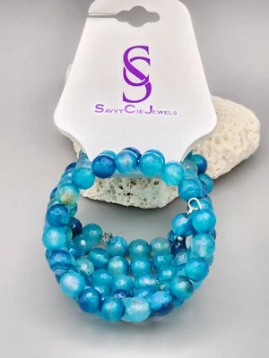 Brazalete envolvente Savvy Cie Jewels facetado azul ágata con cuentas bobina - NUEVO Foto 1 de 4