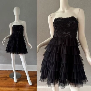 Vintage 90s Black Strapless Y2K Tiered DEB Prom Mini Dress XXS - Picture 1 of 13