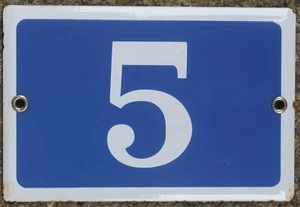 Old blue French house number 5 door gate plate plaque enamel metal sign steel - Picture 1 of 1