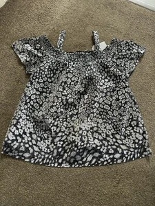 GIRLS COLD SHOULDER BLACK/SILVER THREAD ANIMAL PRINT TOP-SIZE 7YRS-BNWT - Picture 1 of 17