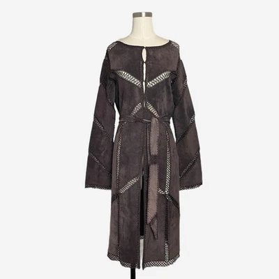Nordstrom 100% Suede crochet paneled belted duster jacket chocolate brown boho M - Image 1 of 4