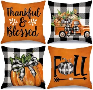 Fall Decorative Throw Pillow Covers 18 X 18 Inch Set of 4, Pumpkins Thankful - Picture 1 of 6