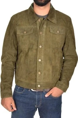 Chaqueta de cuero de gamuza suave real para hombre Abrigo de mezclilla de camionero con botones  Foto 1 de 4